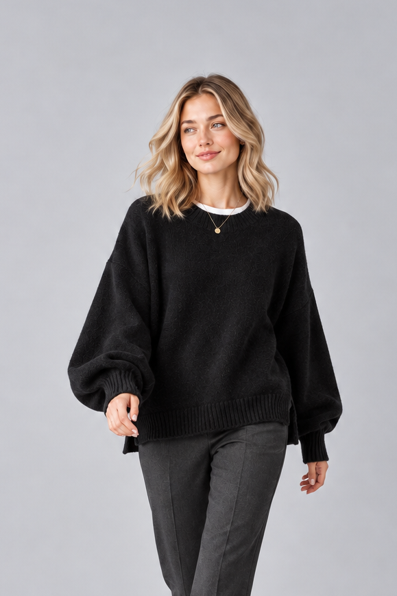 Women's Round Neck Jumper – Drop Shoulder, Split Hem