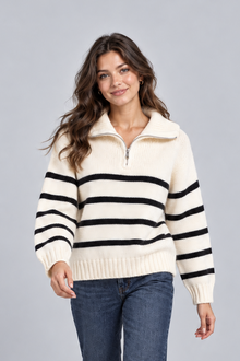 Women's Striped Jumper – Half Zip Funnel Neck