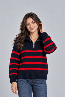 Women's Striped Jumper – Half Zip Funnel Neck