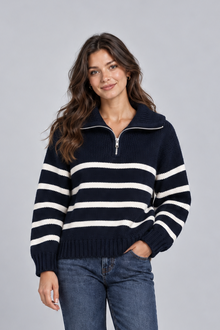 Women's Striped Jumper – Half Zip Funnel Neck