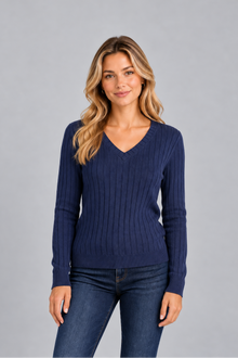 Women's Ribbed Long Sleeve Top – V-Neck, Brushed Knit