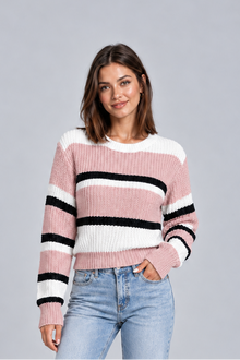 Women's Cropped Striped Jumper – Round Neck, Drop Shoulder