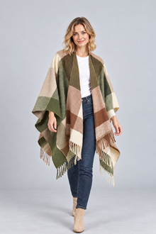 Women's Blanket Poncho Cape – Colour Block, Fringed Hem
