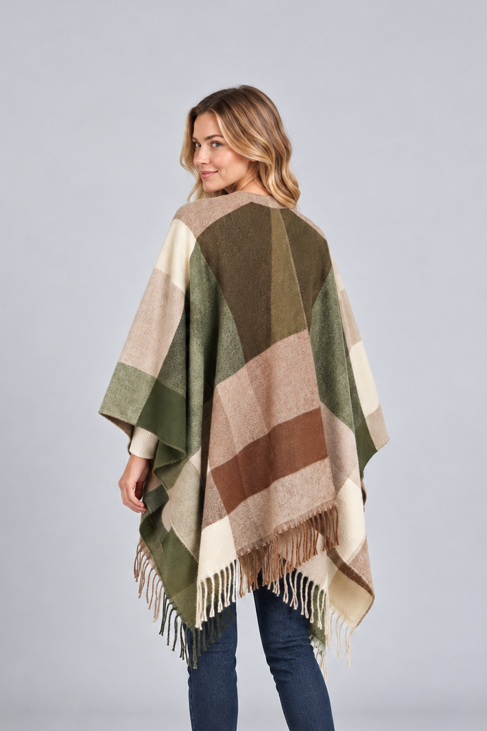 Women's Blanket Poncho Cape – Colour Block, Fringed Hem