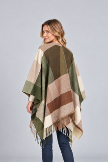 Women's Blanket Poncho Cape – Colour Block, Fringed Hem