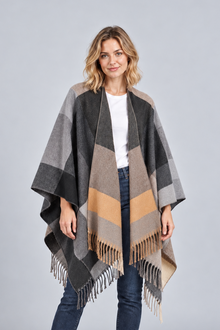 Women's Blanket Poncho Cape – Colour Block, Fringed Hem