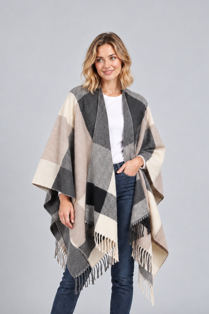 Women's Blanket Poncho Cape – Colour Block, Fringed Hem