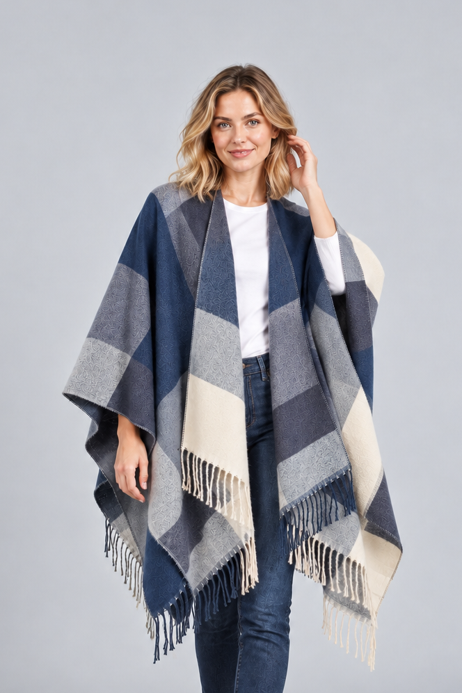Women's Blanket Poncho Cape – Colour Block, Fringed Hem
