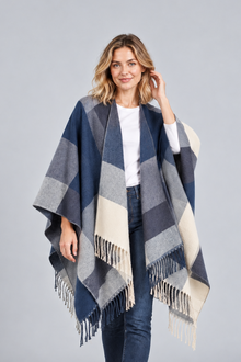 Women's Blanket Poncho Cape – Colour Block, Fringed Hem