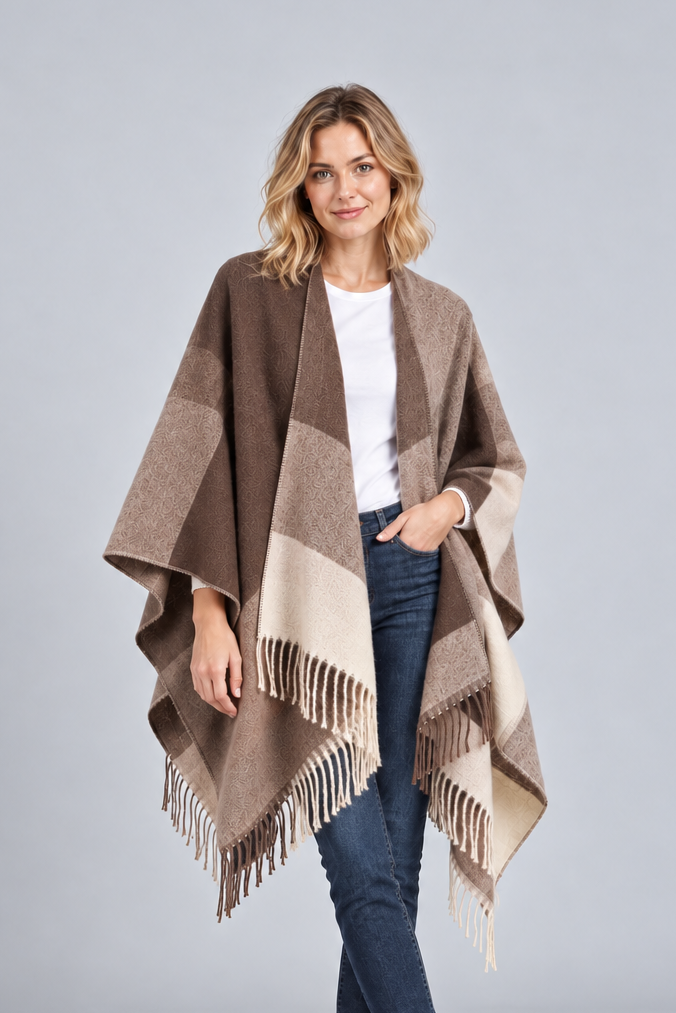 Women's Blanket Poncho Cape – Colour Block, Fringed Hem