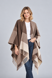 Women's Blanket Poncho Cape – Colour Block, Fringed Hem