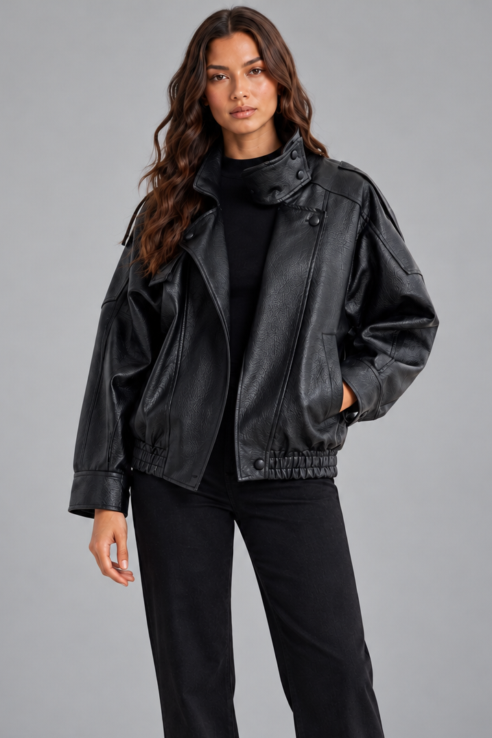 Women's oversized black faux leather bomber jacket, front view with funnel collar