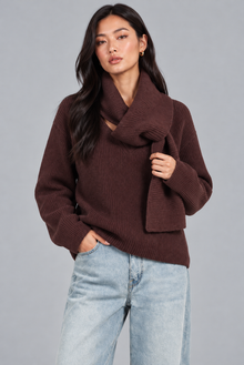 Women's brown scarf detail jumper, front view with tied scarf