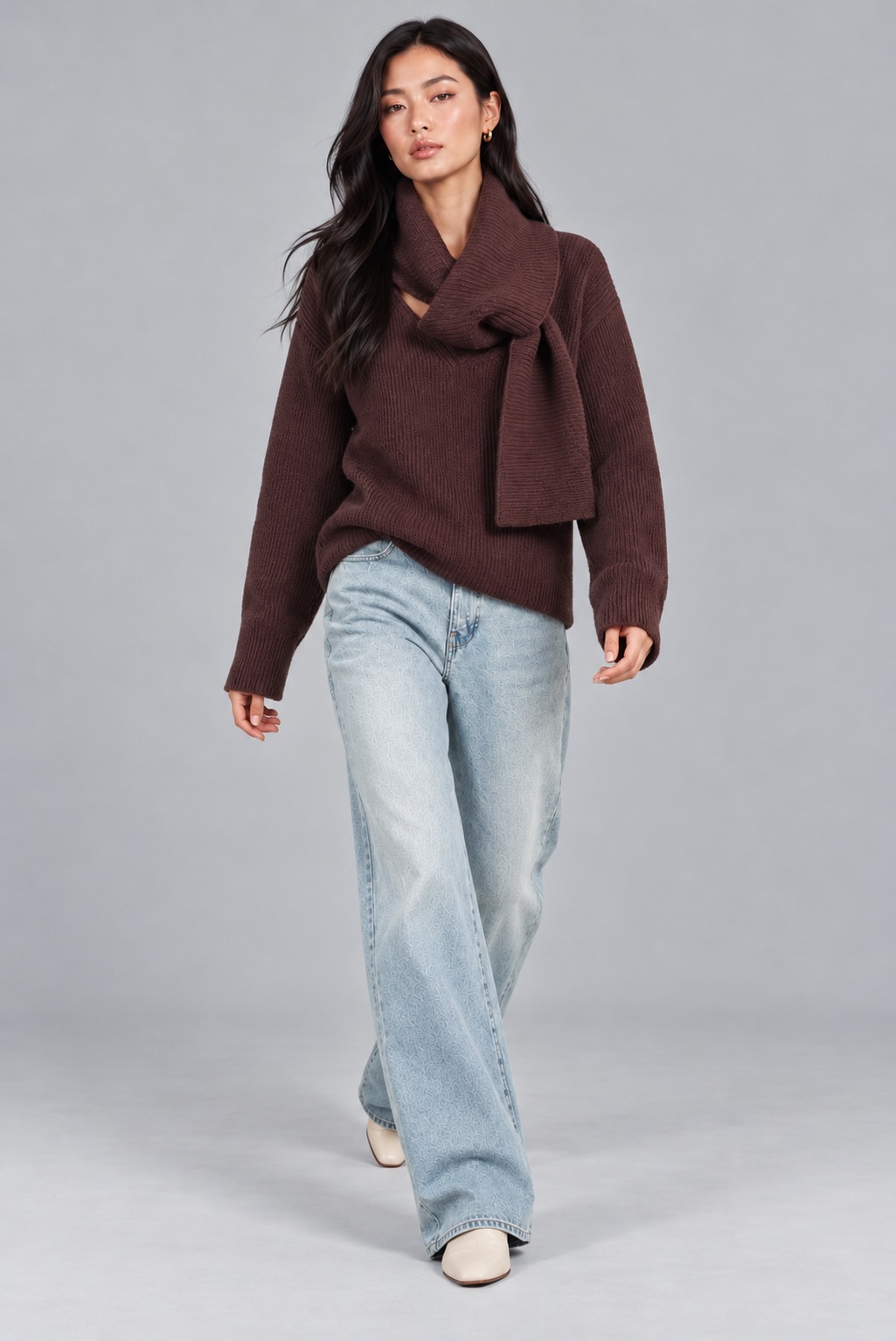 Women's brown scarf detail jumper, full-length look with wide leg jeans