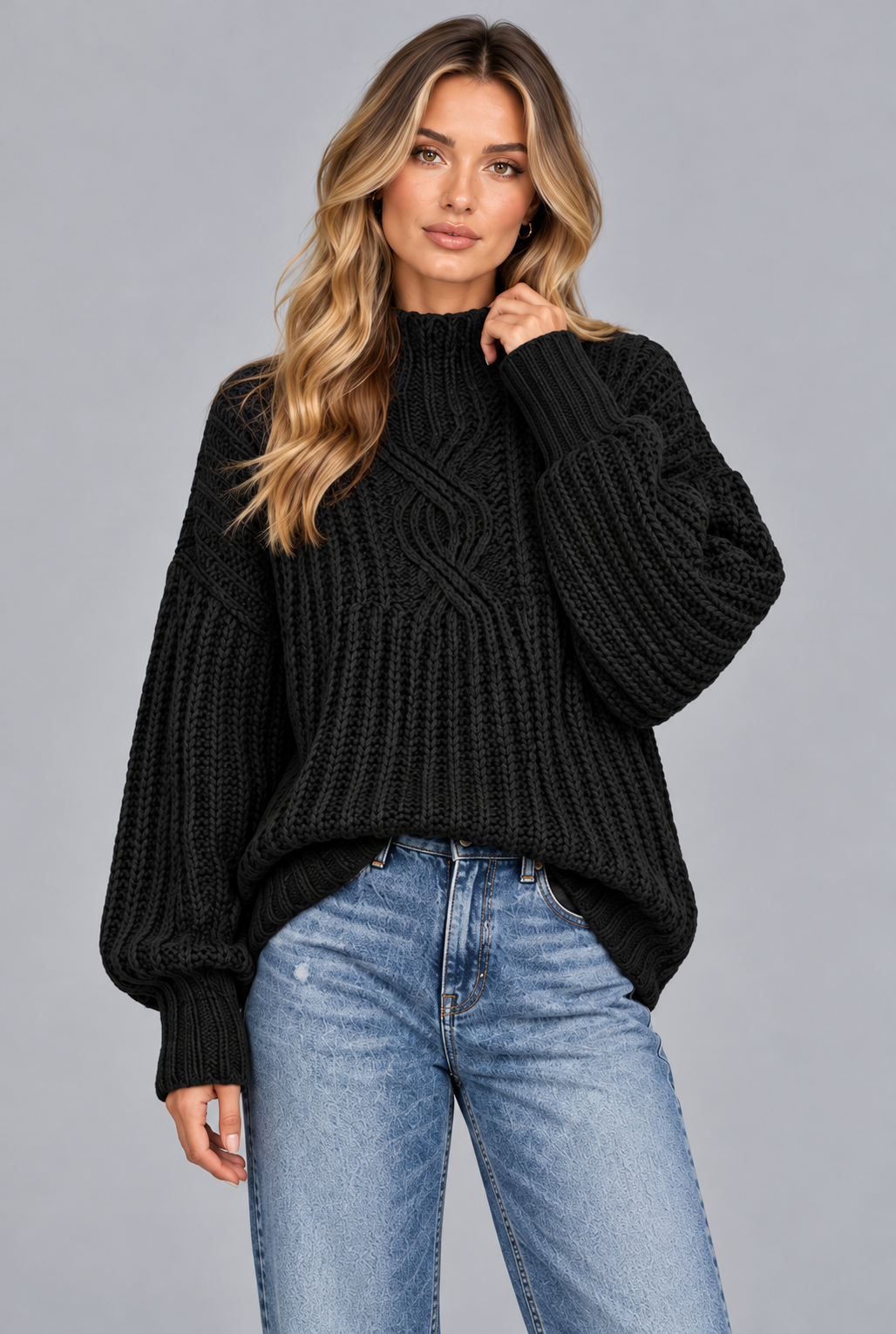 Women's black chunky cable knit jumper, front view