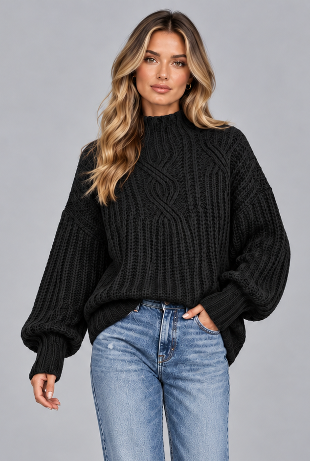 Women's black chunky cable knit jumper, full-length look with jeans