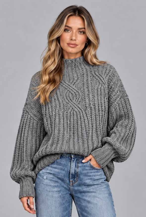 Women's grey chunky cable knit jumper, front view
