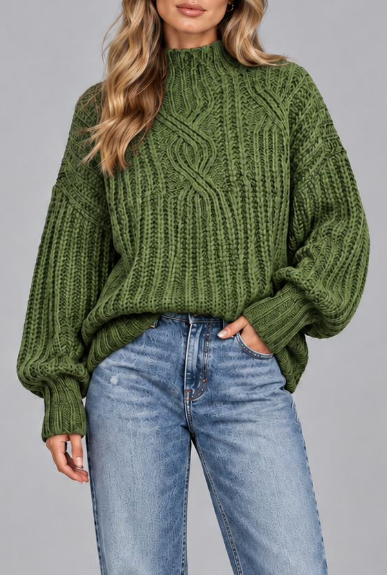 Women's green chunky cable knit jumper, front view