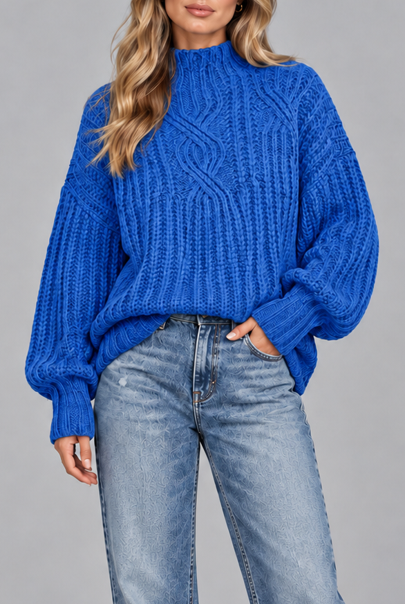 Women's blue chunky cable knit jumper, front view