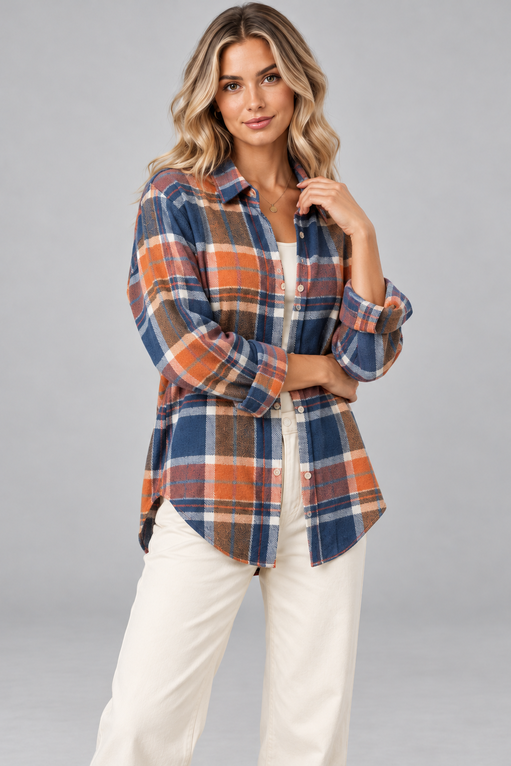 Women's Check Knit Cardigan – Open Front, Relaxed Fit