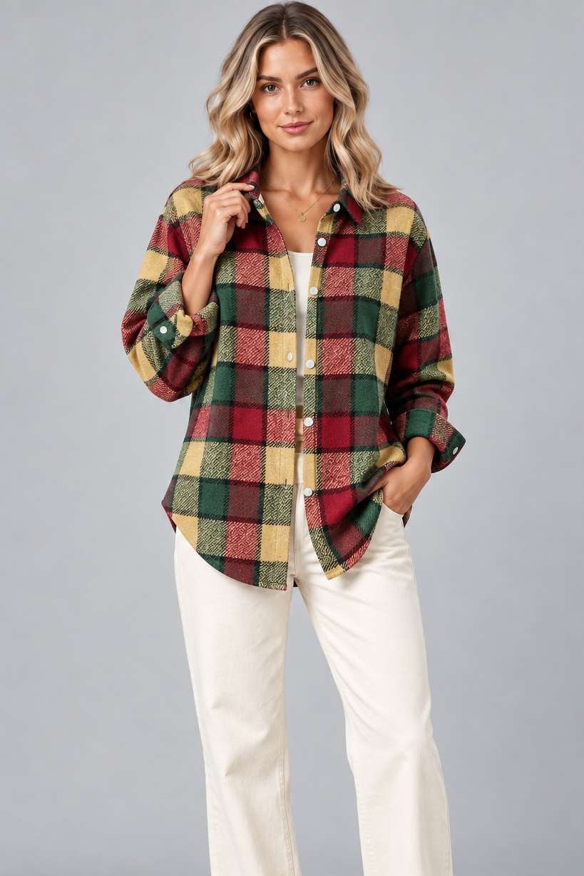 Women's Check Knit Cardigan – Open Front, Relaxed Fit