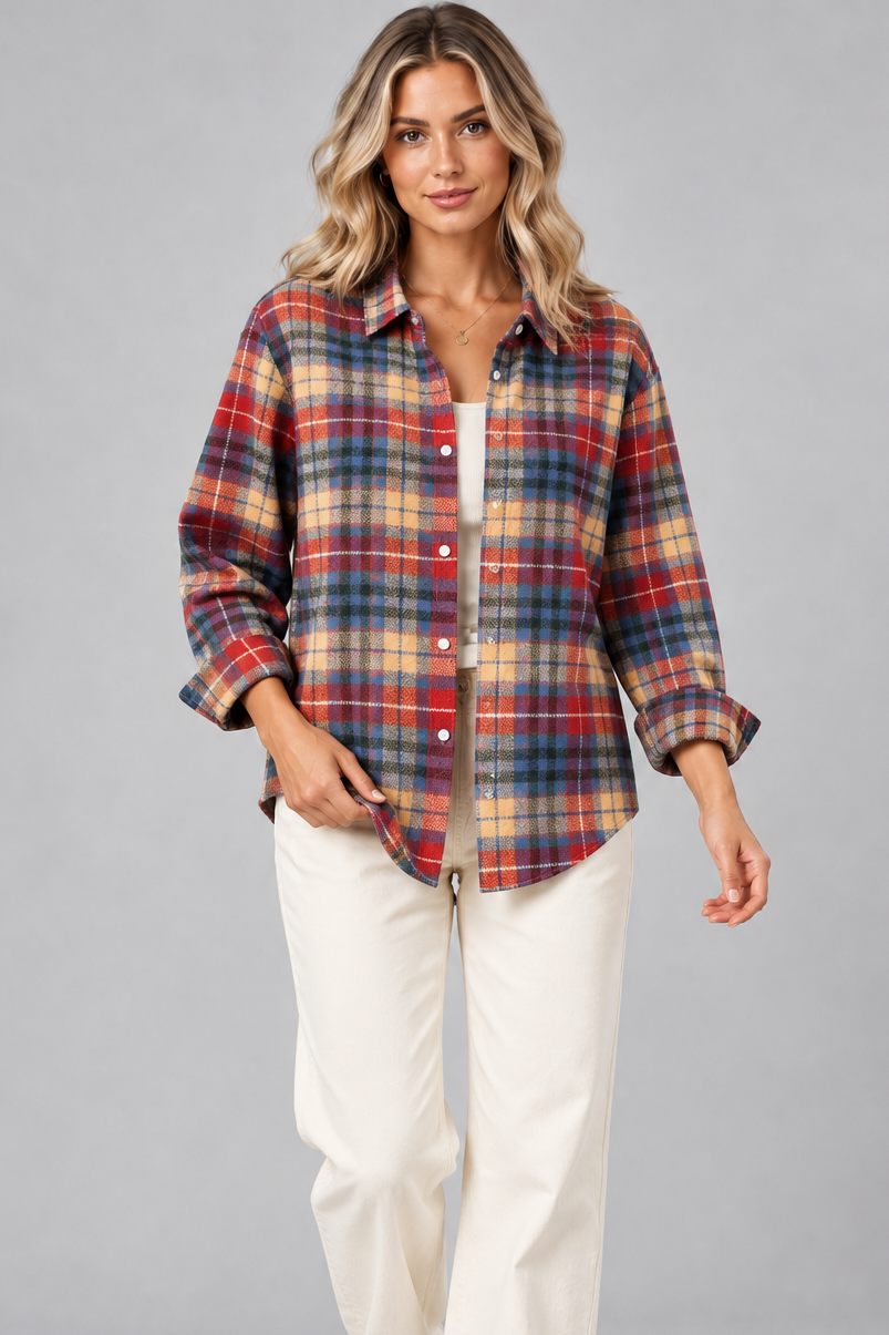 Women's Check Knit Cardigan – Open Front, Relaxed Fit