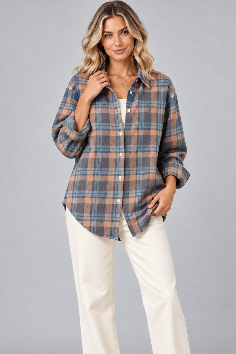 Women's Check Knit Cardigan – Open Front, Relaxed Fit