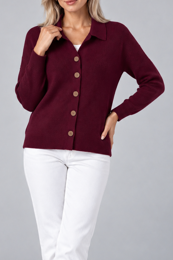 Women's Collared Knit Cardigan – Button Front, Stretch Fabric