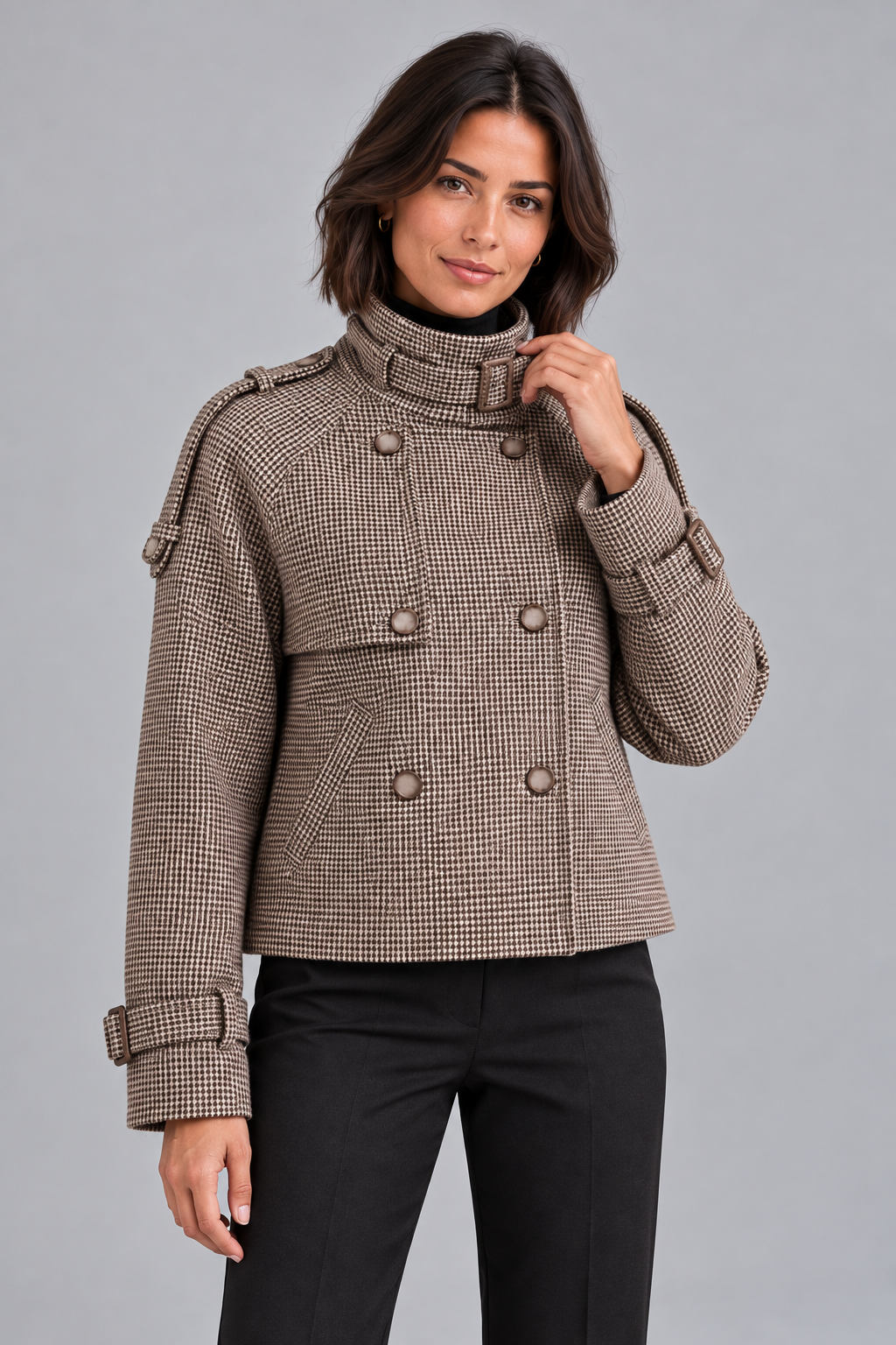 Women's Houndstooth Coat – High Neck, Button Front