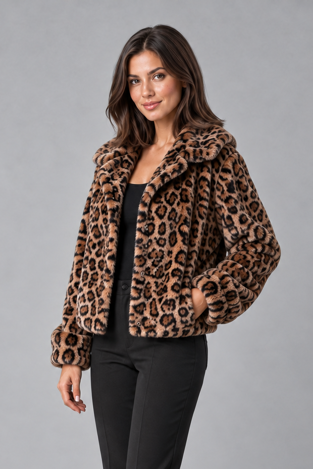 Women's Leopard Print Faux Fur Jacket – Cropped, Relaxed Fit