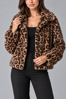 Women's Leopard Print Faux Fur Jacket – Cropped, Relaxed Fit
