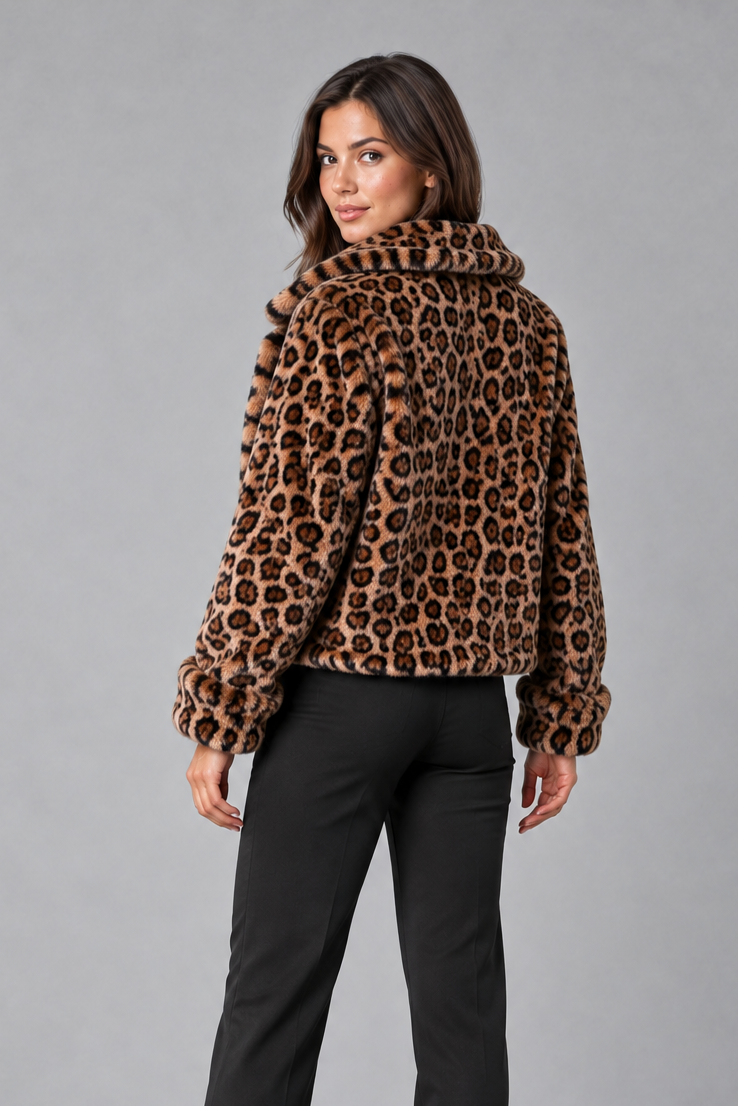 Women's Leopard Print Faux Fur Jacket – Cropped, Relaxed Fit