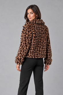 Women's Leopard Print Faux Fur Jacket – Cropped, Relaxed Fit