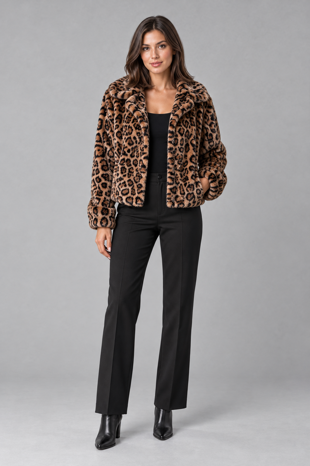 Women's Leopard Print Faux Fur Jacket – Cropped, Relaxed Fit