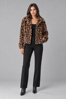 Women's Leopard Print Faux Fur Jacket – Cropped, Relaxed Fit
