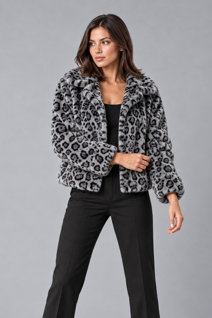 Women's Leopard Print Faux Fur Jacket – Cropped, Relaxed Fit