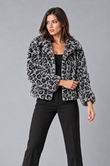 Women's Leopard Print Faux Fur Jacket – Cropped, Relaxed Fit