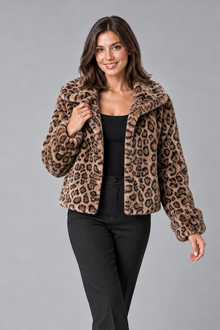 Women's Leopard Print Faux Fur Jacket – Cropped, Relaxed Fit