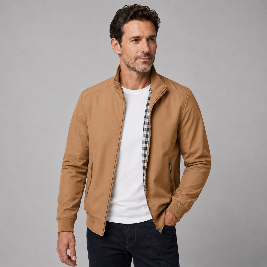 Men's Slim Fit Bomber Jacket – Stand Collar, Checked Lining