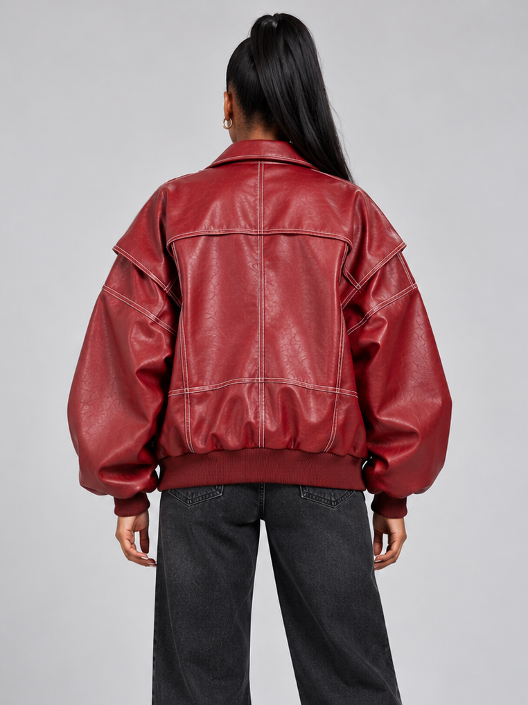 Women's oversized leather bomber jacket in red – back