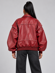 Women's oversized leather bomber jacket in red – back