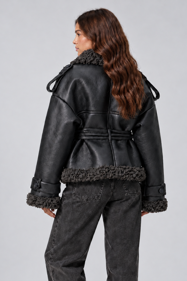 Women's cropped leather shearling trench coat in black – back
