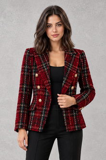 Women's Tweed Double Breasted Blazer – Check, Tailored Fit