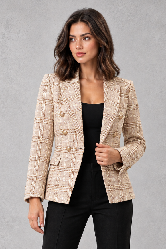 Women's Tweed Double Breasted Blazer – Check, Tailored Fit