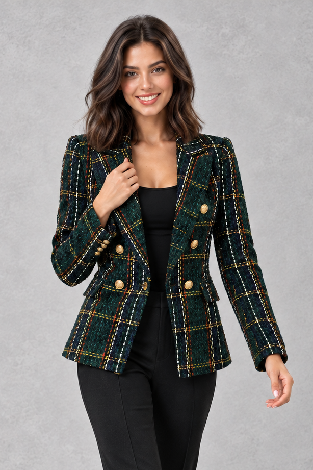 Women's Tweed Double Breasted Blazer – Check, Tailored Fit