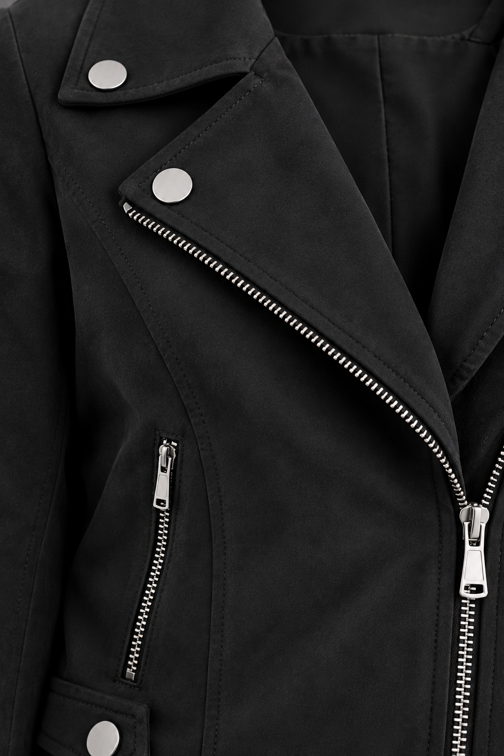 Close-up of black faux suede jacket collar and zip detail