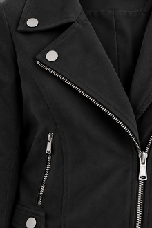 Close-up of black faux suede jacket collar and zip detail