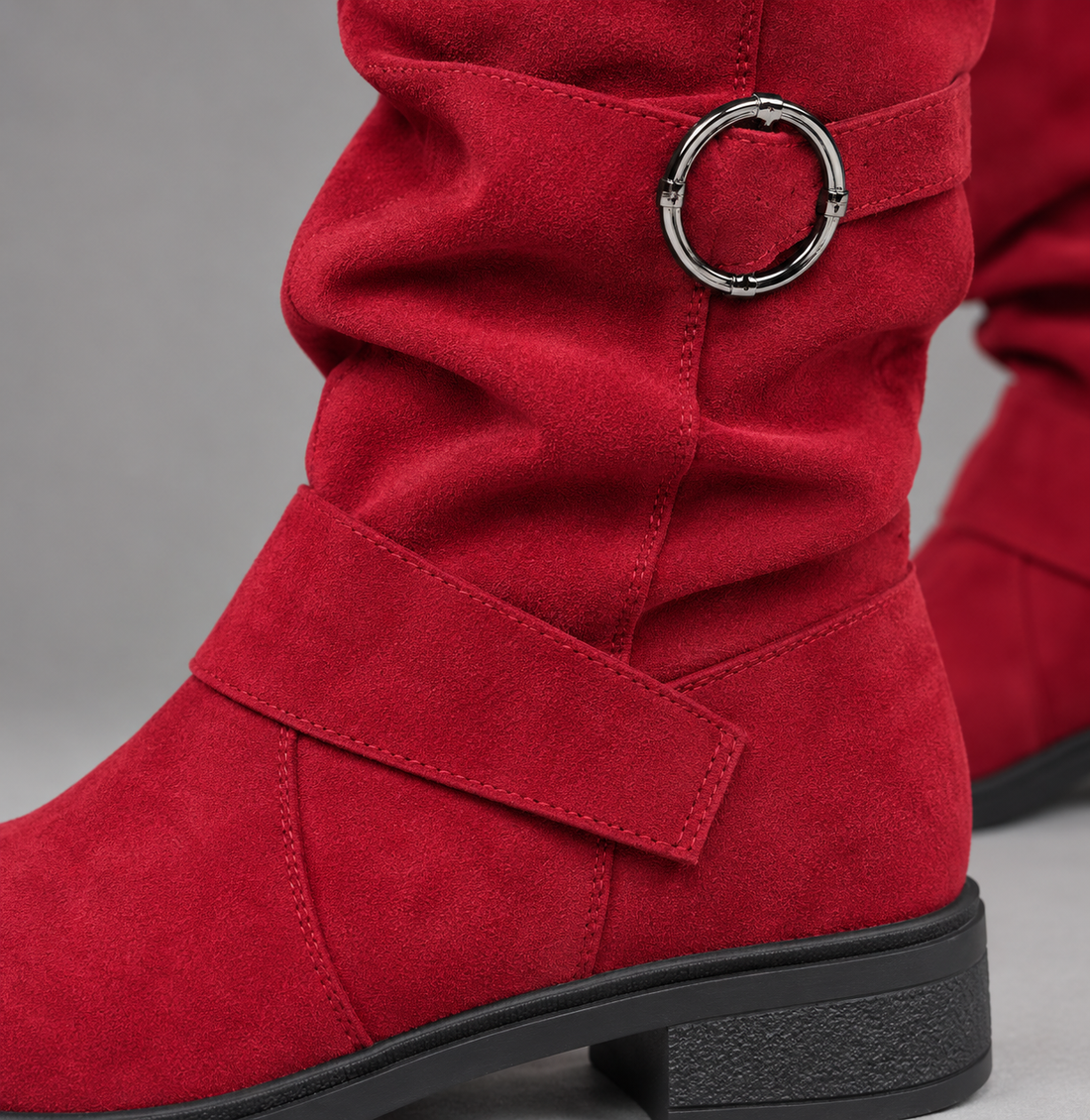 Women’s Black Buckle Accent Slouch Boots – Casual Mid-Calf Everyday Shoes