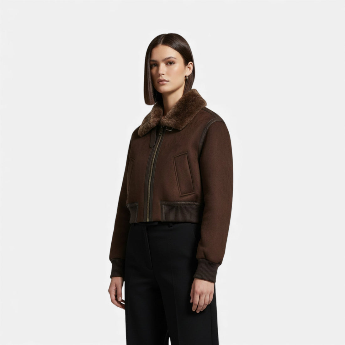 Women's Brown Bomber Jacket with Faux Fur Collar