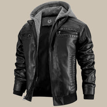 Men's black faux leather hooded jacket with zip pockets, front view